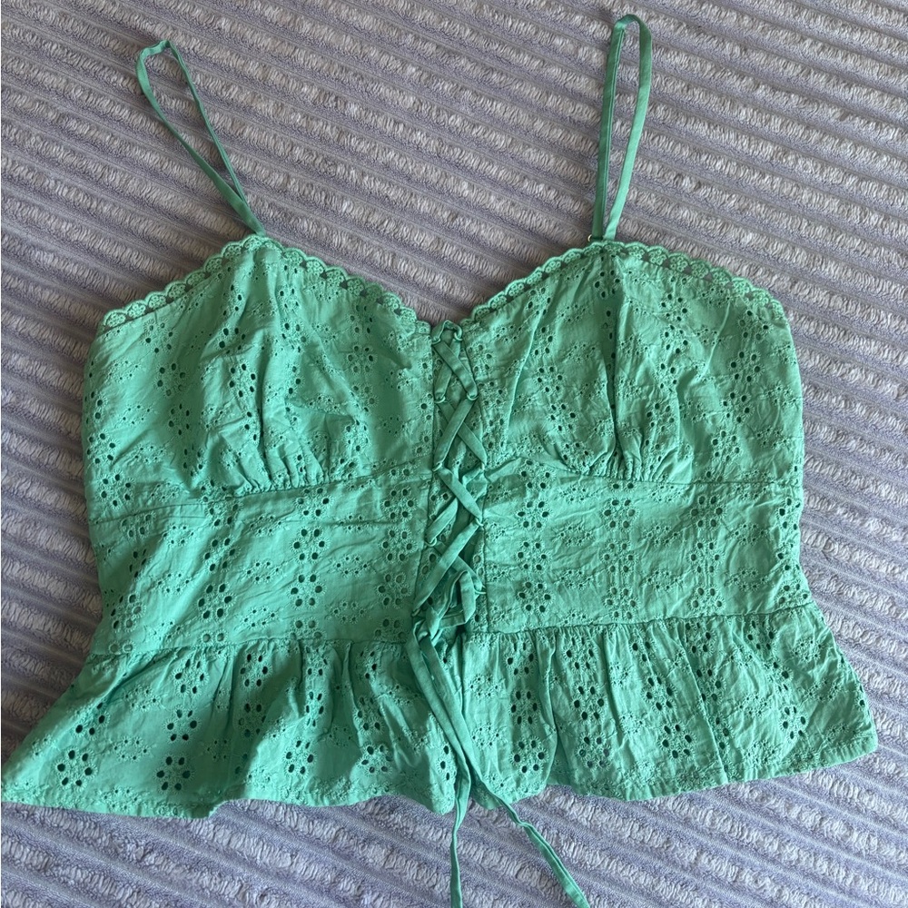 Mint Green Lace-Up Eyelet Peplum Cami Top – Size Medium